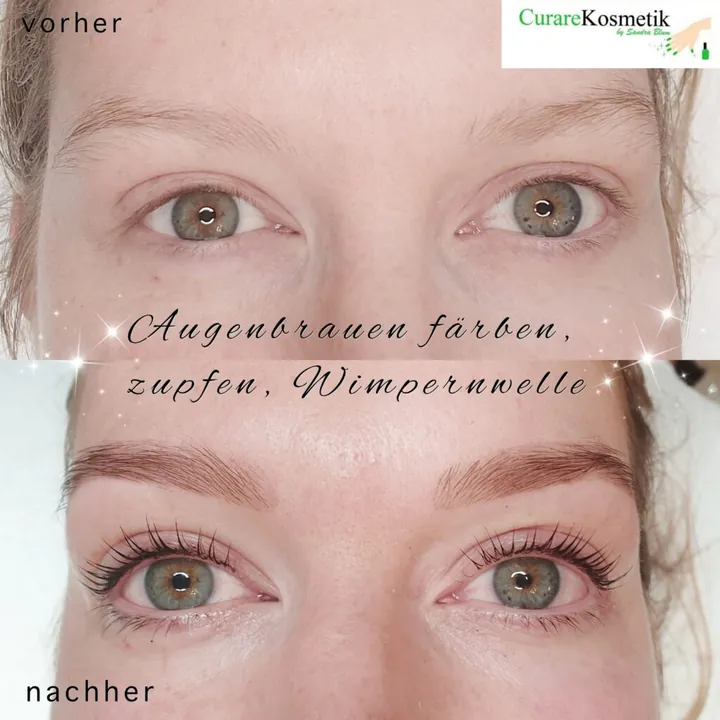 Augenbrauen färben und zupfen mit Wimpernwelle, vorher und nachher