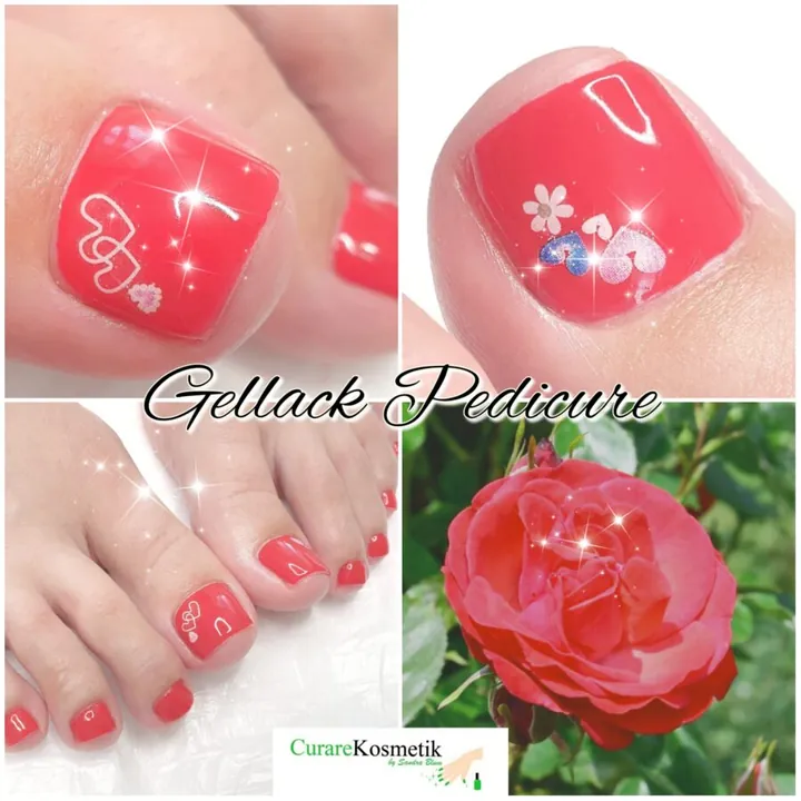 Pedicure mit korallrotem Gellack