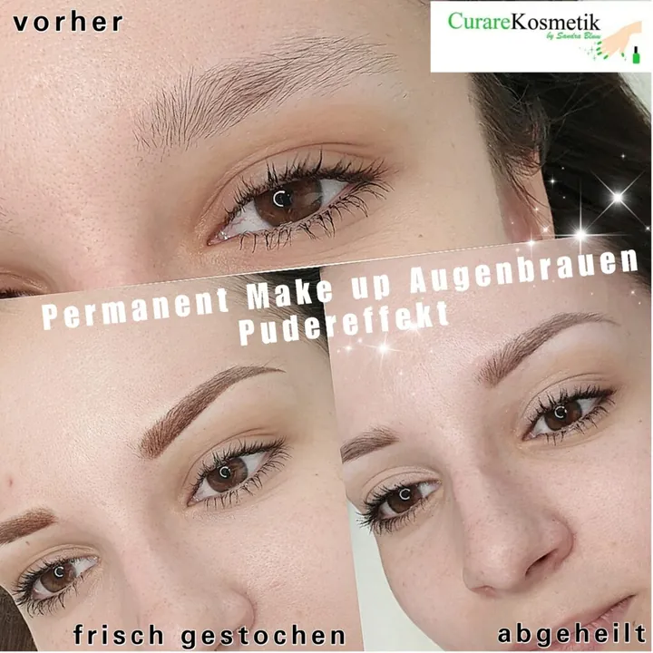 Permanent Make-up Augenbrauen im Puder-Effekt: vorher, frisch gestochen und abgeheilt