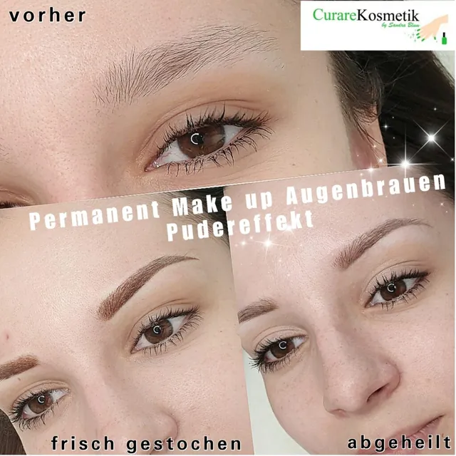 Permanent Make-up Augenbrauen im Puder-Effekt: vorher, frisch gestochen und abgeheilt